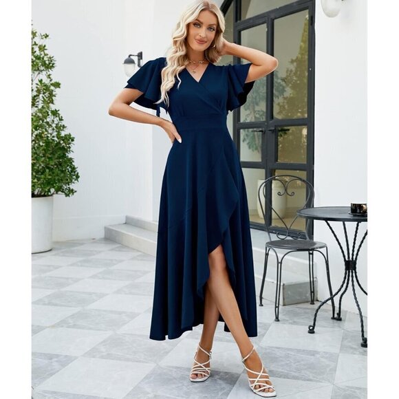 Long Formal Dresses for Women Navy blue V Neck Wrap Ruffle Dress - Picture 2 of 6